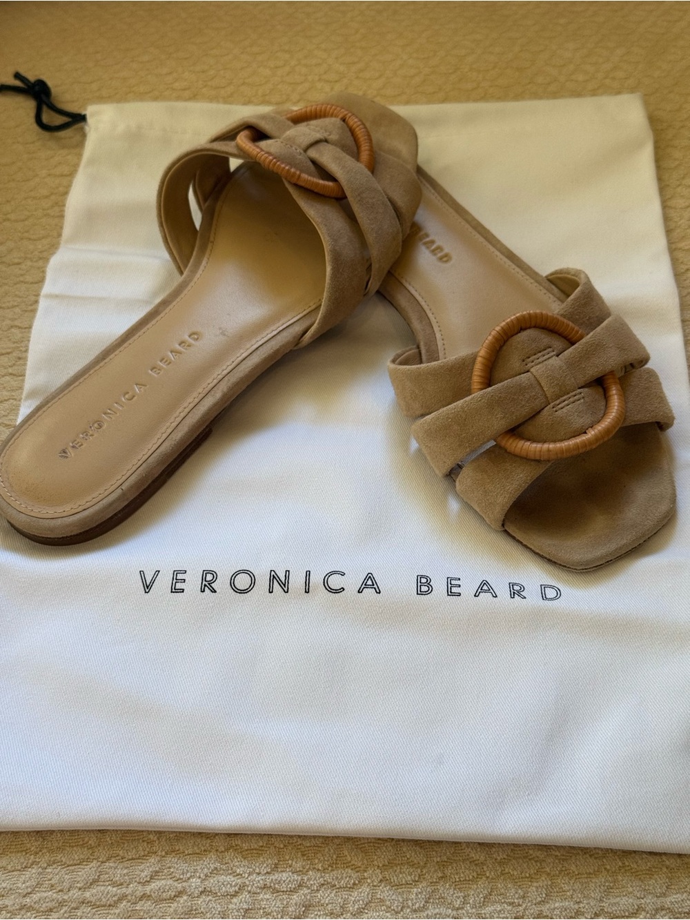 Veronica Beard Tan Suede Slide Sandals with Woven Ring Detail